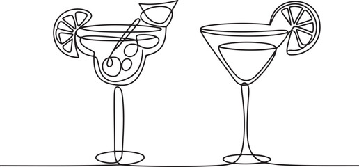 Glass of cocktails in continuous one line drawing. Margarita toast and martini cup in simple linear style. Alcohol drink menu in editable stroke. one line Icon drawing