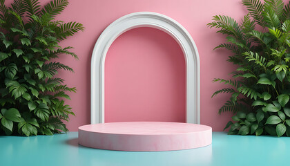 Minimalist archway display with greenery and pink pedestal