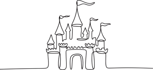 Obraz premium one continuous line drawing of castle.one line drawing of castle fantasy world story. single line vector illustration of castle icon. one line Icon drawing