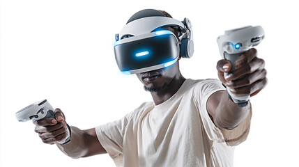 African American man wearing virtual reality headset and holding controllers, fully engaged in immersive gaming experience, showcasing modern technology and entertainment