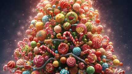 Whimsical christmas tree overflowing with colorful ornaments and candy