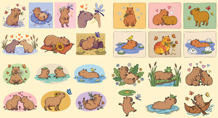 Obraz premium Whimsical kids doodle sheet of playful capybaras in pastel vignettes bathing, napping, snacking, and posing with flowers, reeds and pond scenes, soft cheerful flat vector style