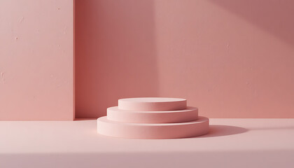 Minimalist pink pedestal stage with soft shadows and geometric shapes