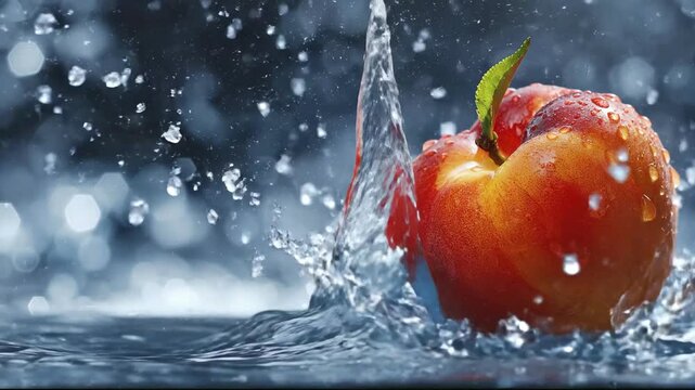 A ripe nectarine with a green leaf splashes into clear water creating a dynamic crown-shaped spray against a cool blurry background with hexagonal bokeh highlights