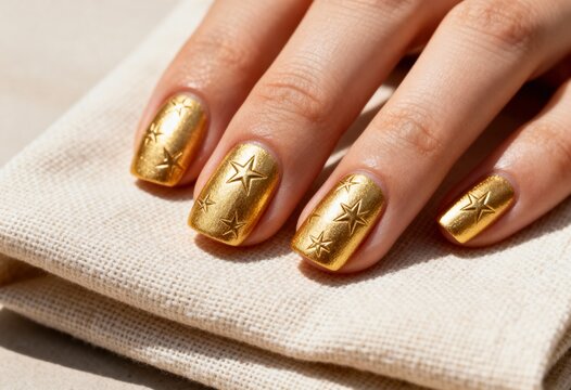 Close-up of a glamorous gold manicure with an embossed star pattern. Stylish metallic nail art on a woman's hand. Beauty and fashion concept