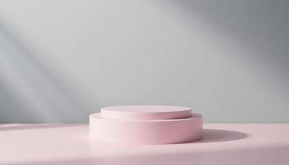 Minimalist pink podium with soft shadows and light backdrop