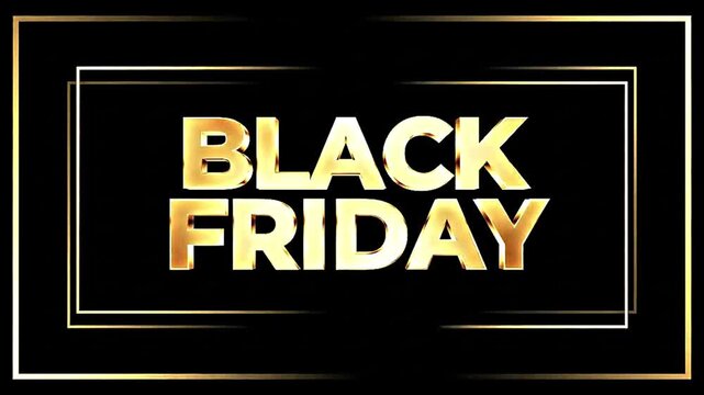 Elegant 4K Black Friday intro showing thin golden lines drawing a rectangular frame on a matte black surface as gold particles rise and form metallic &ldquo;BLACK FRIDAY&rdquo; text, with soft studio reflections 