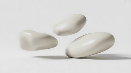 Three smooth white stones arranged in a triangular formation on a bright white surface plain background