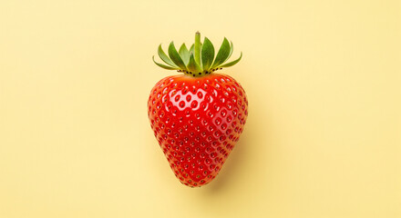 Single Fresh Ripe Strawberry with Green Leaves on a Pastel Yellow Background