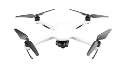 Sleek white drone with black propellers against a stark view on transparent background