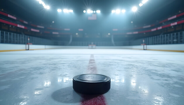 Hockey puck on ice in an empty arena with bright lights and a red center line