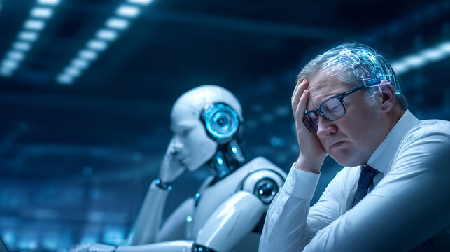 In a sleek, modern office, a businessman in a suit holds his forehead in stress while sitting next to a humanoid robot