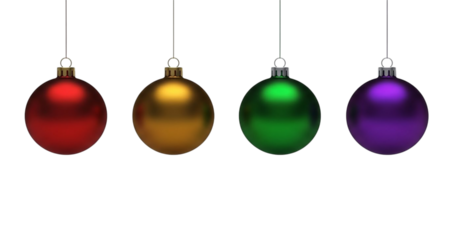 Four colored Christmas ornaments red gold green purple hanging red ornament gold ornament