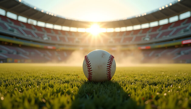 Baseball on the field with a stadium in the background at sunset