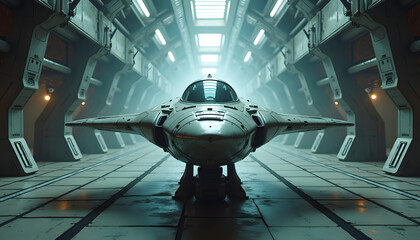 futuristic spacecraft in a hangar, ready for interstellar travel
