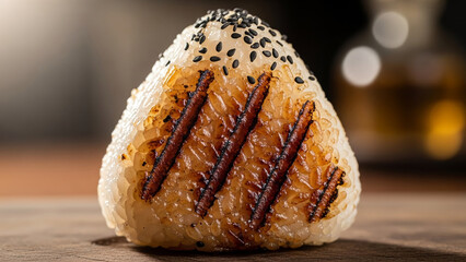 Deliciously grilled Japanese onigiri, a traditional savory rice ball snack, topped with black sesame seeds, showcasing its perfectly toasted texture and authentic Asian culinary flavor