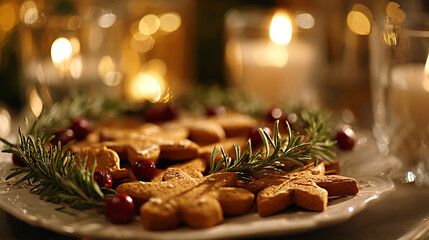 Gingerbread cookies arranged on a decorative plate with fresh rosemary and cranberries, surrounded by soft candlelight creating a warm holiday atmosphere