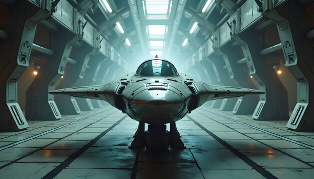 futuristic spacecraft in a hangar, ready for interstellar travel
