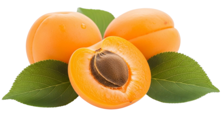 Two whole apricots and one halved apricot with pit and green leaves fruit