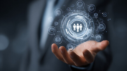 Person network interface displayed on open hand business technology