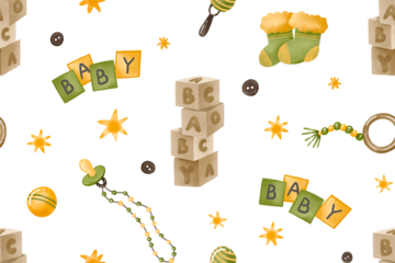 Seamless pattern with baby items. Baby abc cubes, nipple, toys, baby newborn things. Endless background