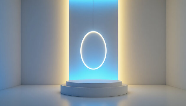 Futuristic pedestal with glowing blue oval neon light in minimalist studio