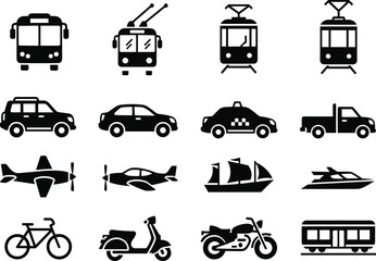 Transportation icon set, vehicle silhouettes, bus, tram, airplane, boat, bicycle, scooter, black graphic, vector illustration