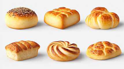 Assorted freshly baked bread rolls with various textures and shapes, including sesame topped, twisted, and fluffy styles, showcasing the art of baking and culinary craftsmanship