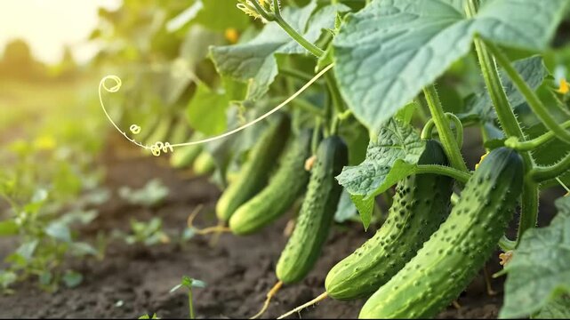 A row of fresh bumpy cucumbers ripening on a leafy vine in a sunlit garden with a delicate tendril spiraling in the foreground