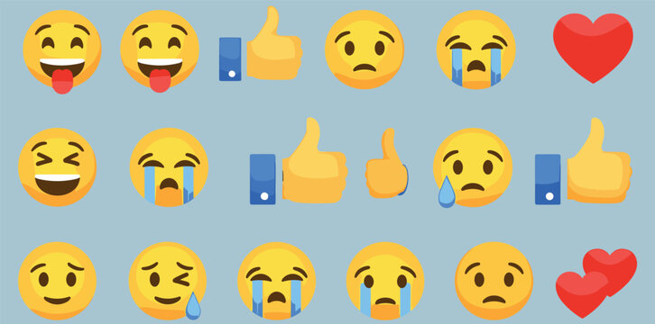 Emoji icon set, happy sad crying faces, thumbs up, hearts, digital emotion symbols, flat cartoon vector illustration