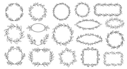 Obraz premium Collection of hand-drawn botanical wreaths and frames, featuring delicate leaves and branches in various shapes for elegant design projects.