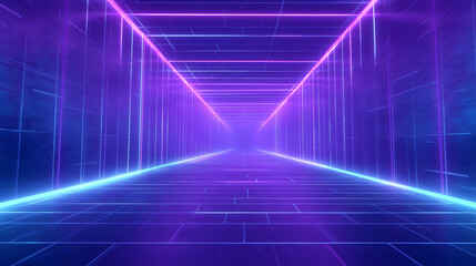 Fototapeta premium A vibrant tunnel features glowing neon lights in shades of purple and blue. The pathway leads into a misty distance, creating a sense of depth and futuristic ambiance