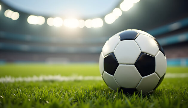 Soccer ball on the field with stadium lights in the background - Powered by Adobe