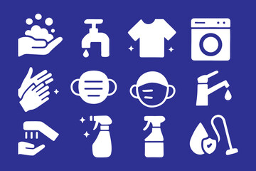 Hygiene Icon Set Cleanliness & Sanitation Symbols in Minimal White on Blue Design