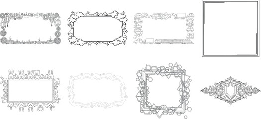 Set of decorative vintage frames and borders for design elements isolated on transparent background