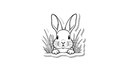 Obraz premium Adorable black and white hand-drawn sketch of a cute bunny peeking over blades of grass, designed to look like a sticker with a shadow.