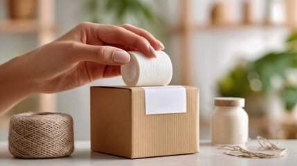 Back Office Scene with Hand Packaging Box for Shipping and