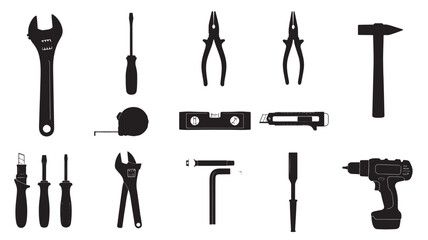 Set of construction tools silhouettes vector illustration of various hand tools isolated on white background for DIY and repair projects