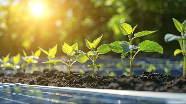 A row of young green seedlings sprouting from dark soil next to a solar panel with bright sunlight filtering through foliage in the background
