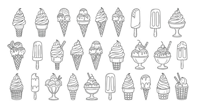Large collection of various ice cream treats, including cones, sundaes, and popsicles, all illustrated in a detailed black outline style.