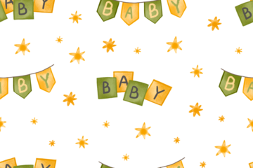 Gender neutral green color baby shower party. Announcement. Baby newborn flags and cubes seamless background