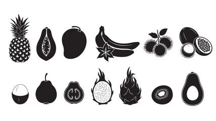 Set of tropical fruit icons black and white vector silhouettes perfect for healthy eating and summer designs