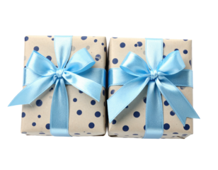 Two wrapped square gifts, polka dot paper, light blue ribbons, tied in bows, isolated on black