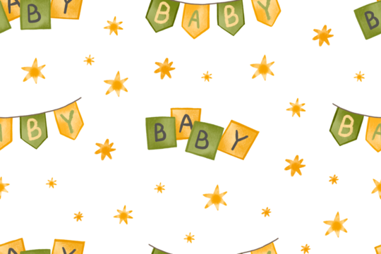 Gender neutral green color baby shower party. Announcement. Baby newborn flags and cubes seamless background