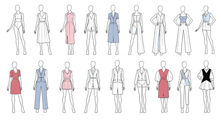 Obraz premium Collection of fashion design sketches showing various women's outfits on mannequins, with some garments highlighted in pink and blue.