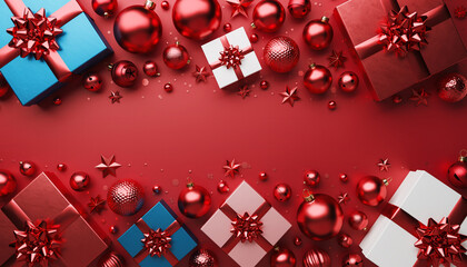 Fototapeta premium Christmas background with xmas tree and sparkle bokeh lights on red canvas background. Merry christmas card. Winter holiday theme. Happy New Year. Space for text