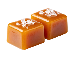 Two square caramel candies with coarse sea salt crystals on top, isolated on black
