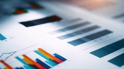 Close up vibrant business graphs, charts on printed financial document, representing data analysis, market trends. Conveys financial planning, analytics, strategic decision making - Powered by Adobe