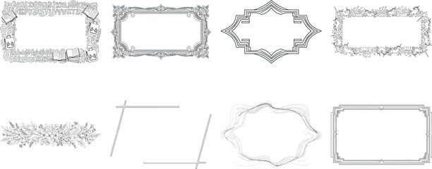 Set of decorative vintage frames and borders in black and white isolated on transparent background
