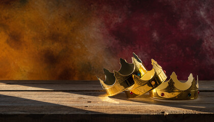 Fototapeta premium banner of Three gold crowns on blue background, symbol of Tres Reyes Magos ( Three Wise Men) who come bringing gifts for the kids on Epiphany or Dia de Reyes Magos, copy space